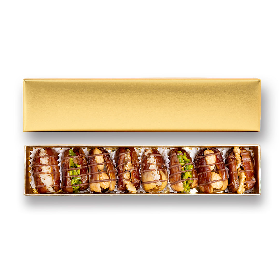 Golden Stuffed Dates Gift with Lines & Nuts – 8 Pieces, 140g Premium Box