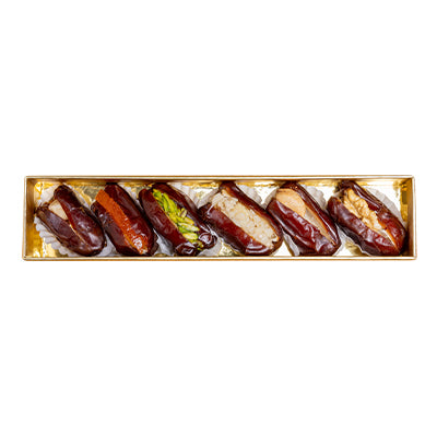Golden Stuffed Dates Gift with Nuts – 6 Pieces, Premium Box