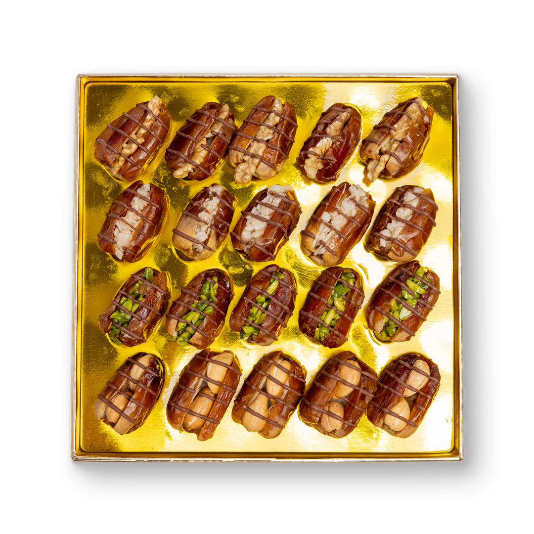 Golden Stuffed Dates Gift with Lines & Nuts – 365g Premium Selection