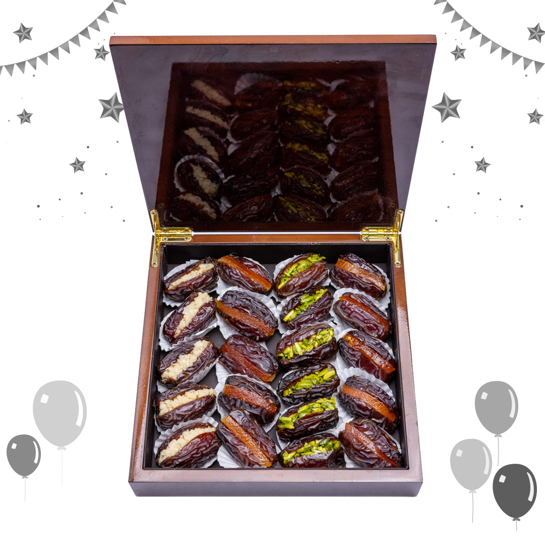 Majdoul Dates Filled with Nuts – Rosewood Sunset Wooden Box