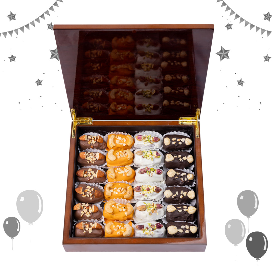 Dates with Nuts & Signature Chocolate Touch – Rosewood sunset Wooden Gift Box