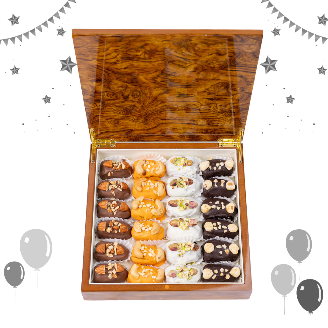Dates with Nuts & Signature Chocolate Touch – Desert Sand Wooden Gift Box