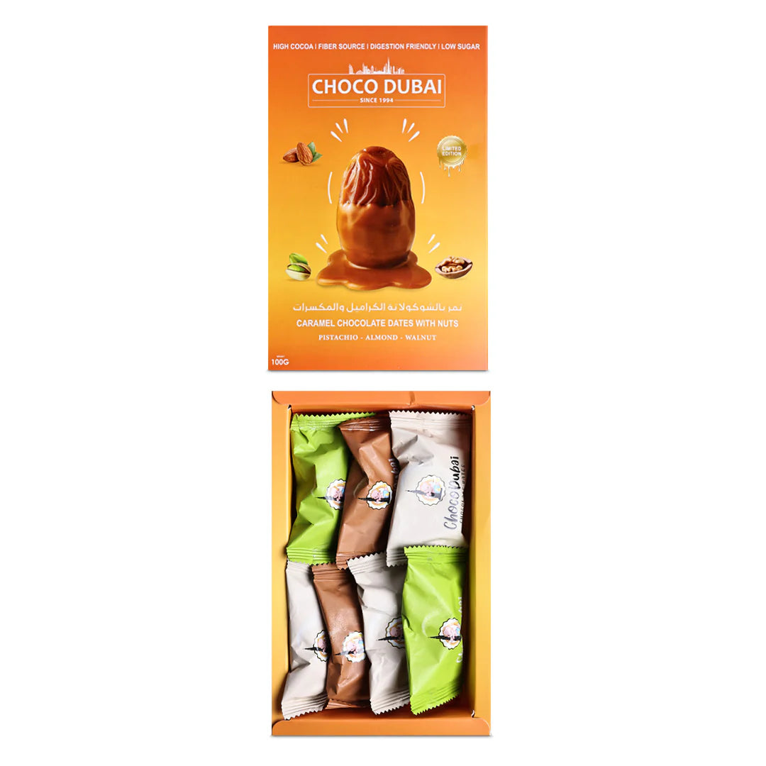 Choco Dubai Caramel Chocolate Dates with Nuts – Viral Dubai Edition (100g)