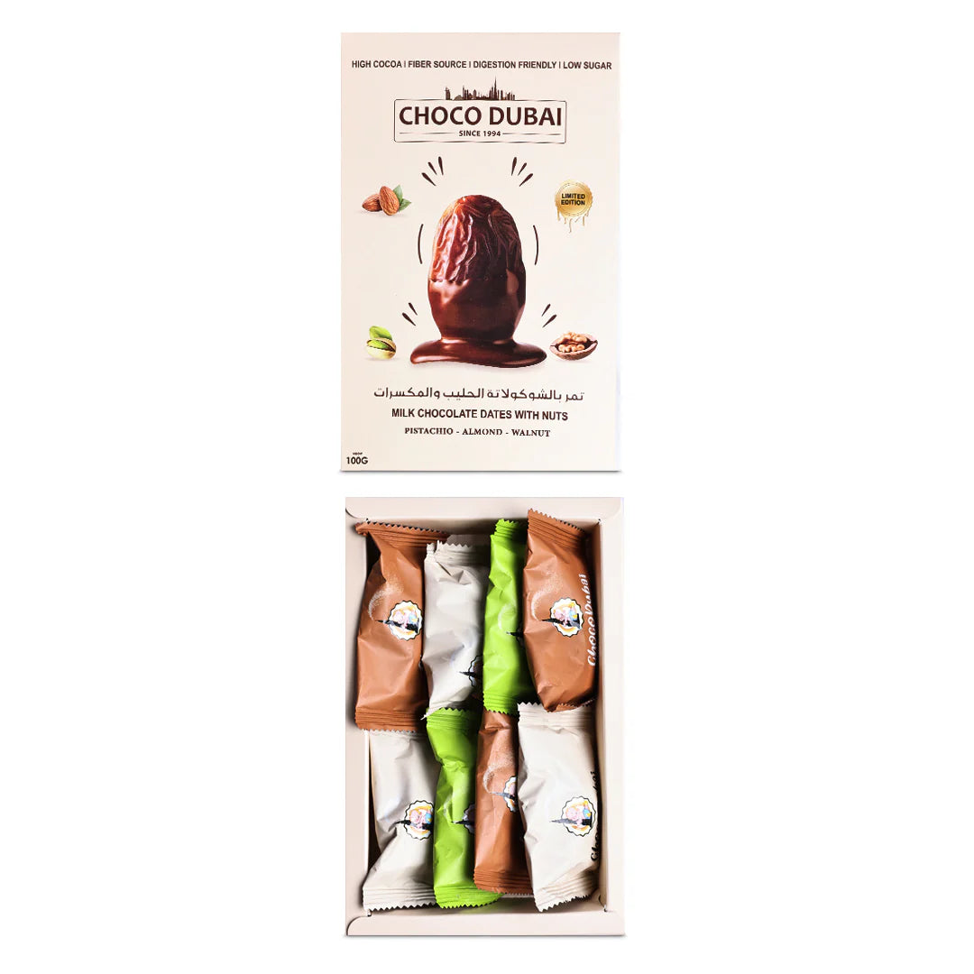Choco Dubai Milk Chocolate Dates with Nuts – Viral Dubai Edition (100g)