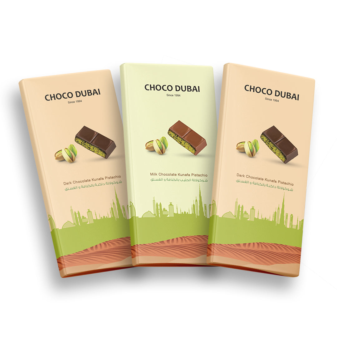 Dubai Chocolate Kunafa Pistachio Chocolate Offer- 2 Dark & 1 Milk (3 Pieces, 300g)