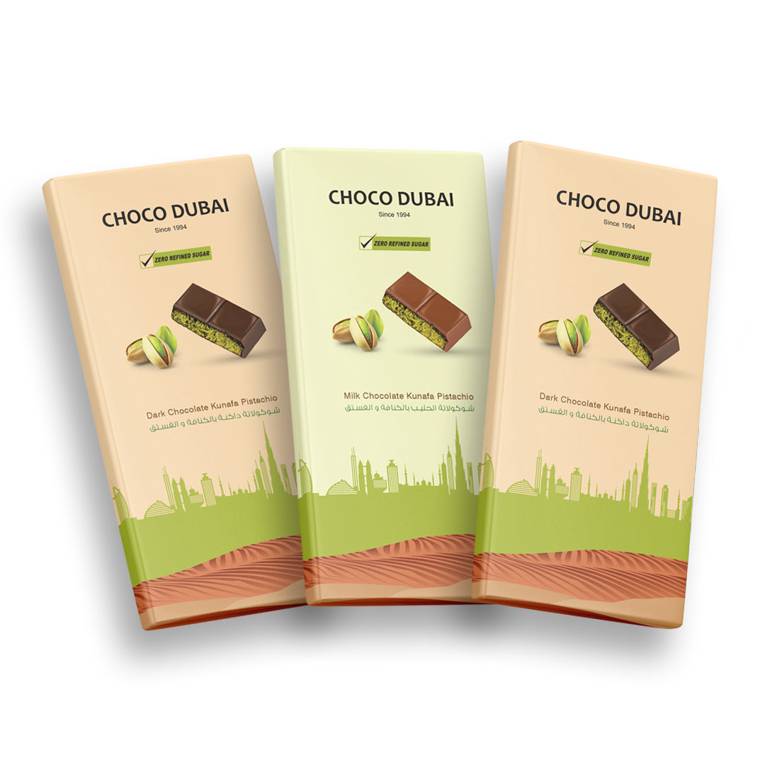 Dubai Chocolate Kunafa Pistachio 'Zero Refined Sugar' Chocolate Offer – 2 Dark + 1 Milk (3 Pieces, 300g)