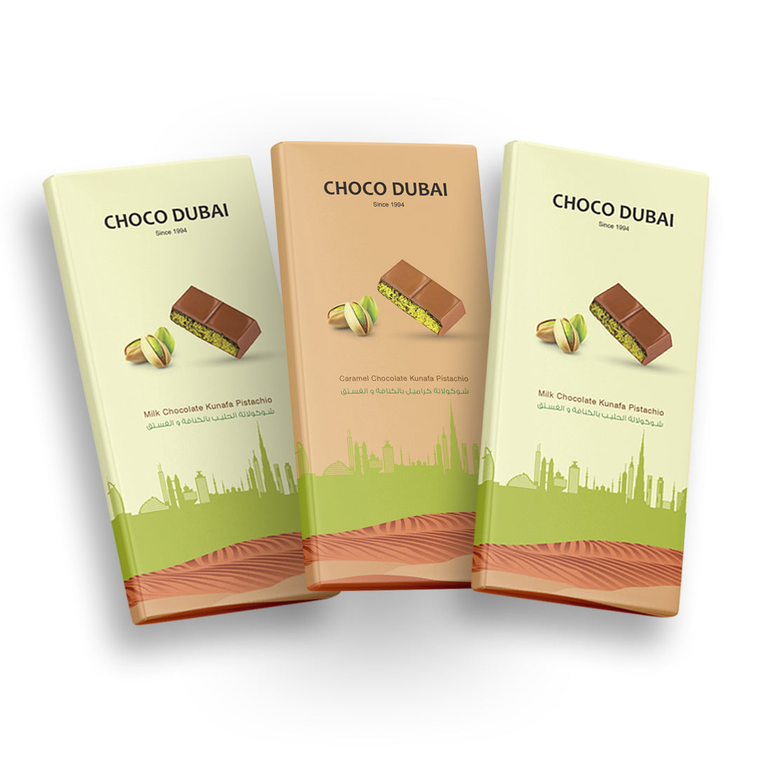 Dubai Chocolate Kunafa Pistachio Offer - 2 Milk & 1 Caramel (3 Pieces, 300g)