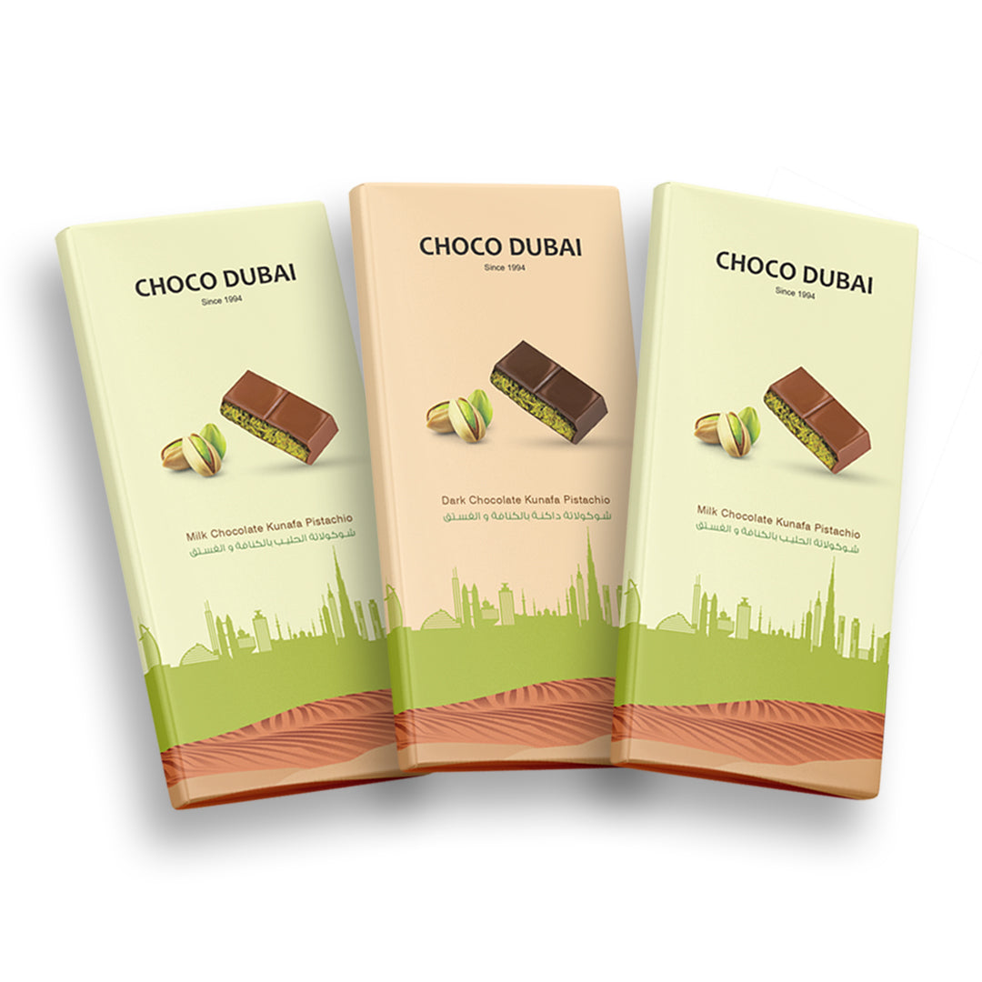 Dubai Chocolate Kunafa Pistachio Offer - 2 Milk & 1 Dark  (3 Pieces, 300g)