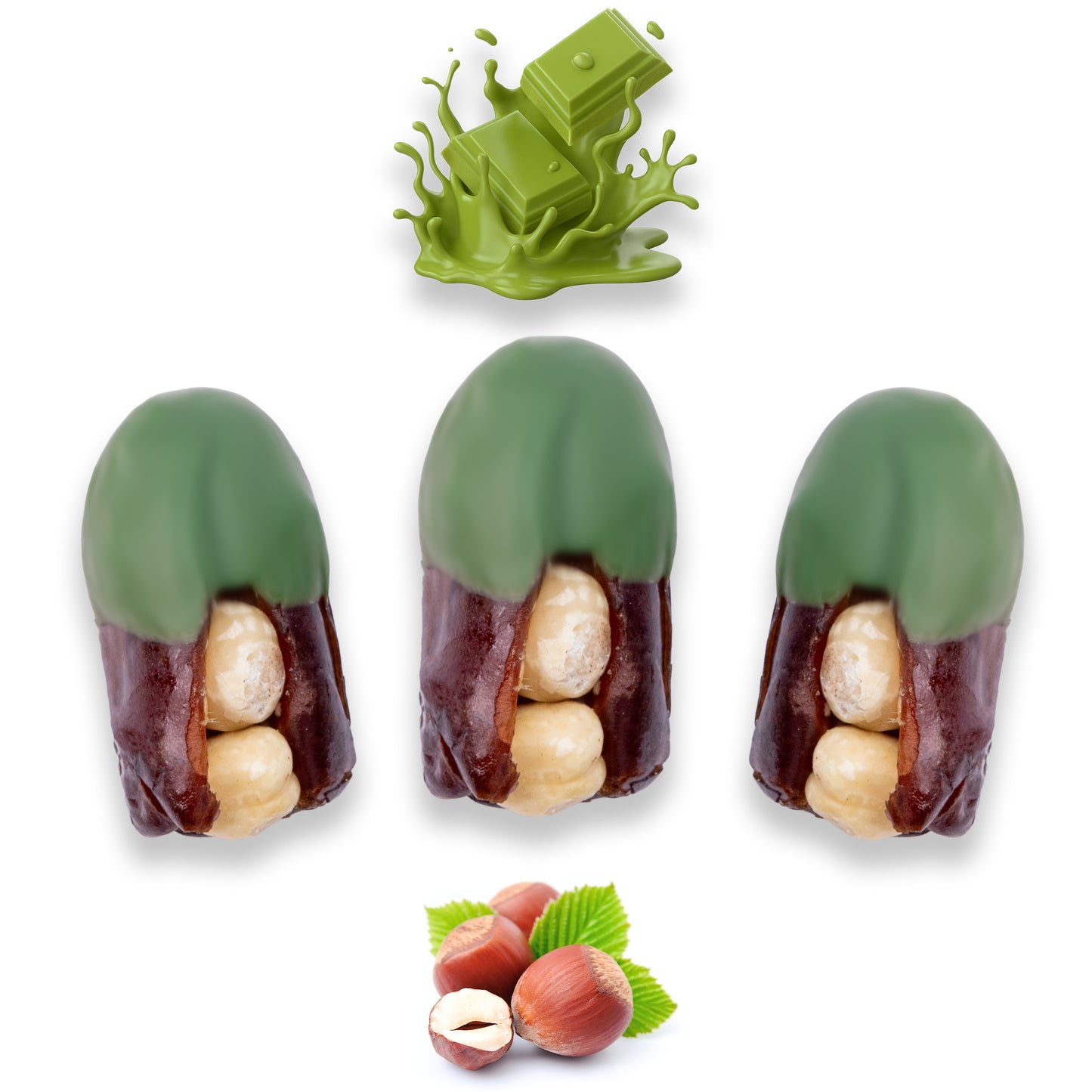 Luxury Khedri Dates Stuffed with Nuts & Half-Dipped in Matcha Chocolate