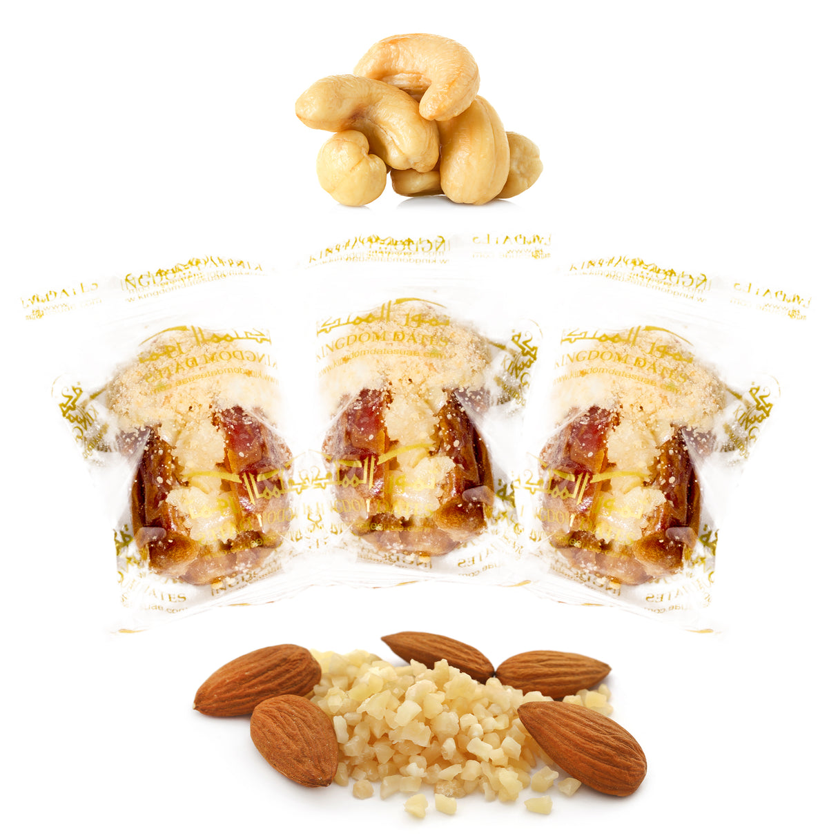 Wrapped cashew chocolate dates filled with nuts and dried fruits from Kingdom Dates UAE, shown in close-up.
