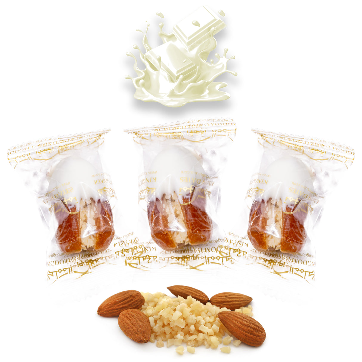 Wrapped white chocolate dates stuffed with almonds, dried fruits, and nuts from Kingdom Dates UAE.