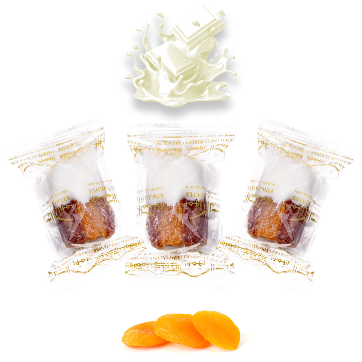 Wrapped vanilla chocolate dates stuffed with nuts and dried fruits from Kingdom Dates UAE, showcasing a white chocolate coating with apricot.