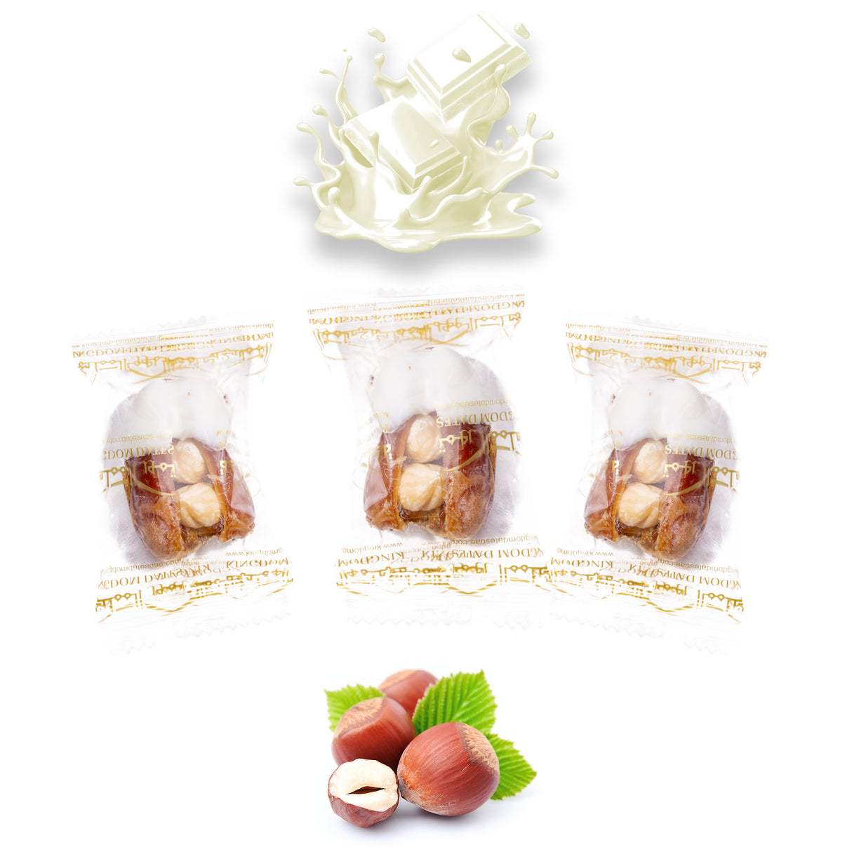 Wrapped vanilla chocolate dates stuffed with nuts and dried fruits from Kingdom Dates UAE, with a white chocolate coating and hazelnuts.