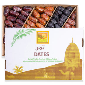 Assorted date box with 3 kg of premium Ajwa, Majdoul, Khedri, and Sagi dates from Kingdom Dates UAE.