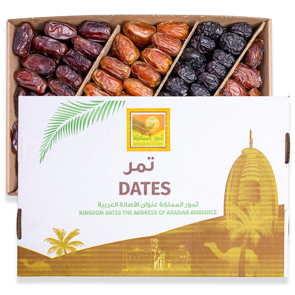 Assorted date box with 3 kg of premium Ajwa, Majdoul, Khedri, and Sagi dates from Kingdom Dates UAE.