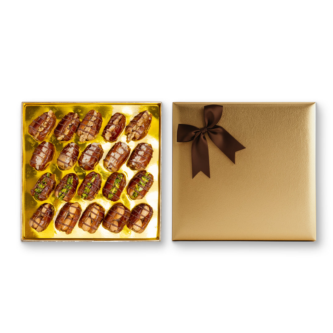 Golden Stuffed Dates Gift with Lines & Nuts – 365g Premium Selection