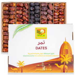 Assorted 3.5 kg box of dates including Ajwa, Majdoul, Wadi, Sultan, and Khaals from Kingdom Dates UAE.