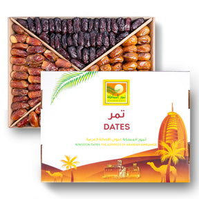 Assorted dates box with Sukkari, Safawi, Sagi, and Sultan dates from Kingdom Dates UAE, showcasing a variety of fresh, natural dates.