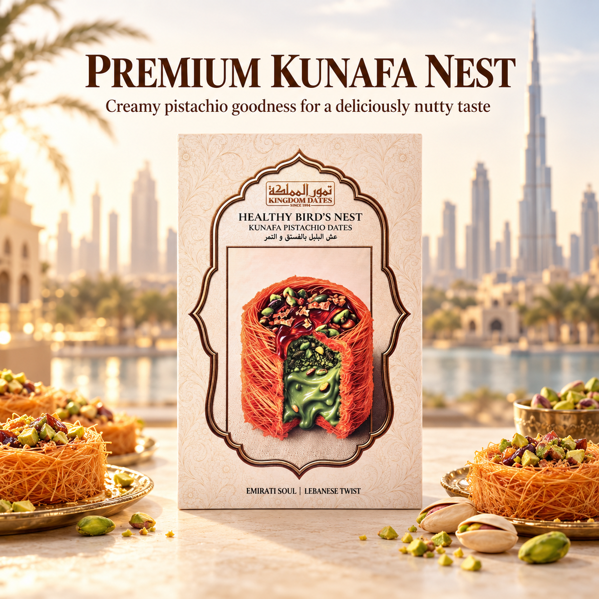 Kingdom Dates Healthy Bird’s Nest Kunafa Pistachio Dates – Emirati Soul, Lebanese Twist