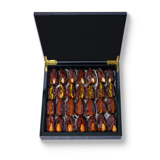 Black Carbon Fiber Wooden Box Filled with Majdoul with Mixed Nuts Dates 350 gm