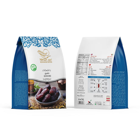 Assorted Khedri Dates Gift Pack by kingdomdatesuae with various dates arranged in a decorative box or packaging.