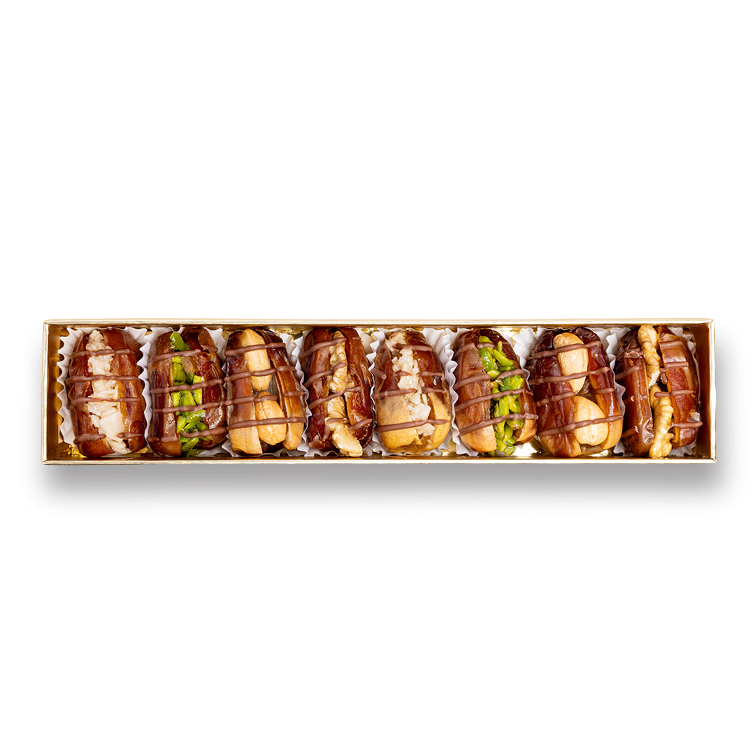 Golden Stuffed Dates Gift with Lines & Nuts – 8 Pieces, 140g Premium Box
