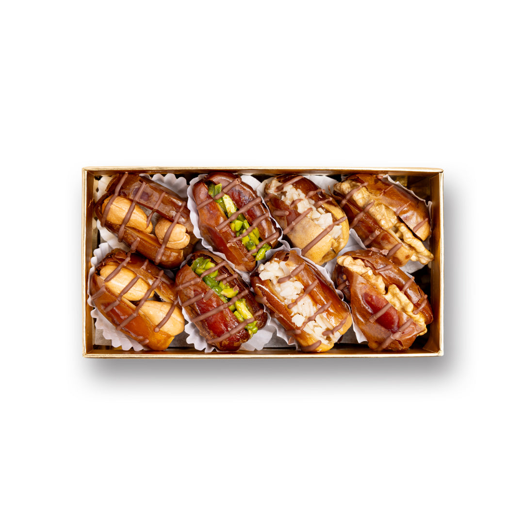 Golden Stuffed Dates Gift with Lines & Nuts – 16 Premium Pieces