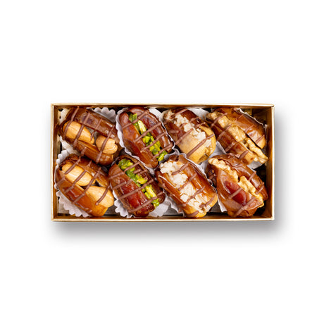 Golden Stuffed Dates Gift with Lines & Nuts – 16 Premium Pieces