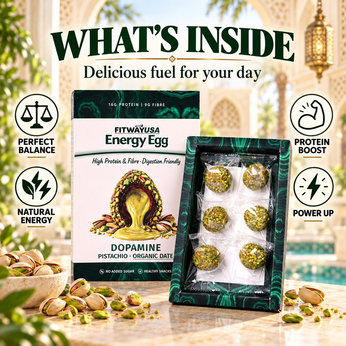 FitWay USA Energy Egg Dopamine – Pistachio & Organic Date | High Protein & Fibre