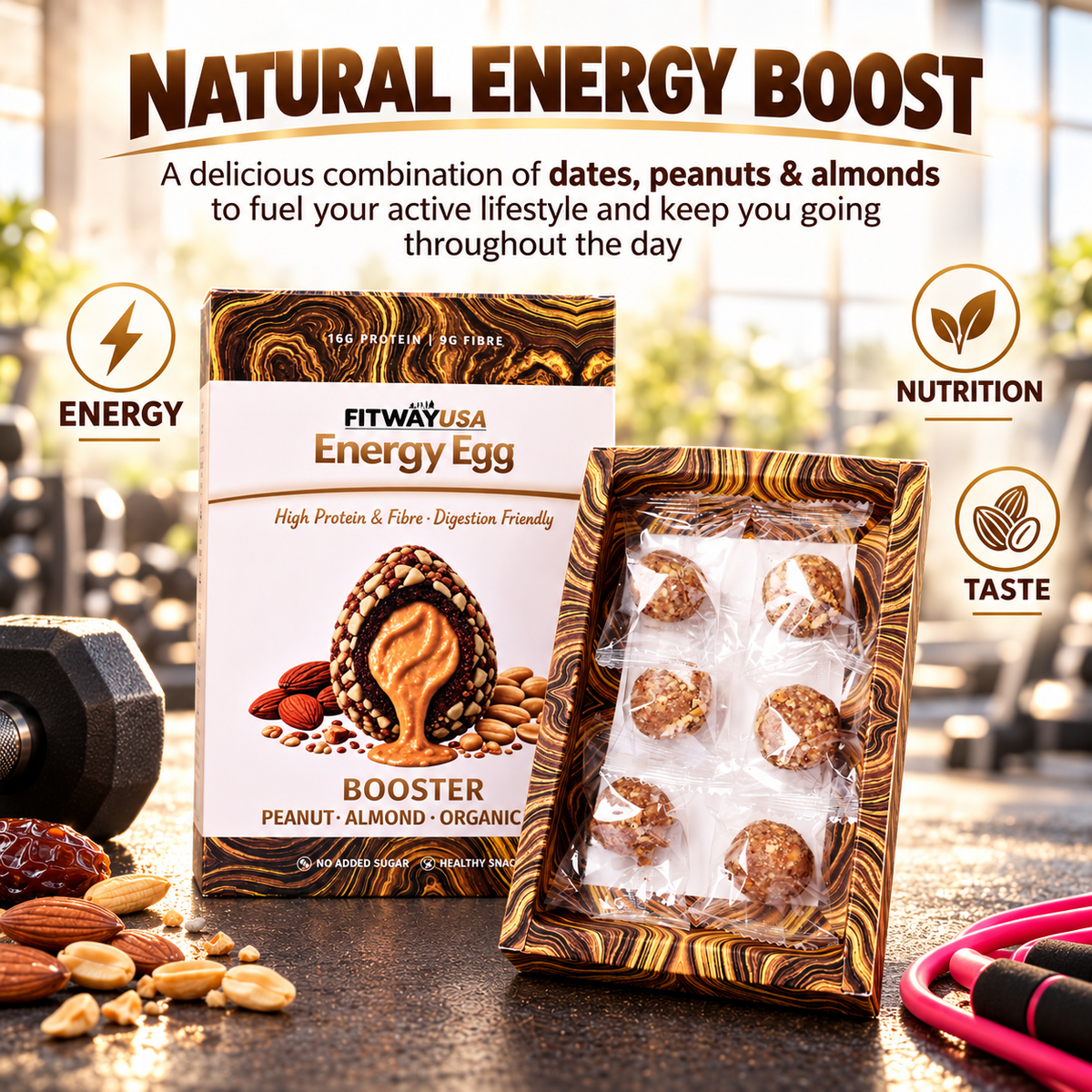 FitWay USA Energy Egg Booster – Peanut, Almond & Organic Date | High Protein & Fibre | 100g