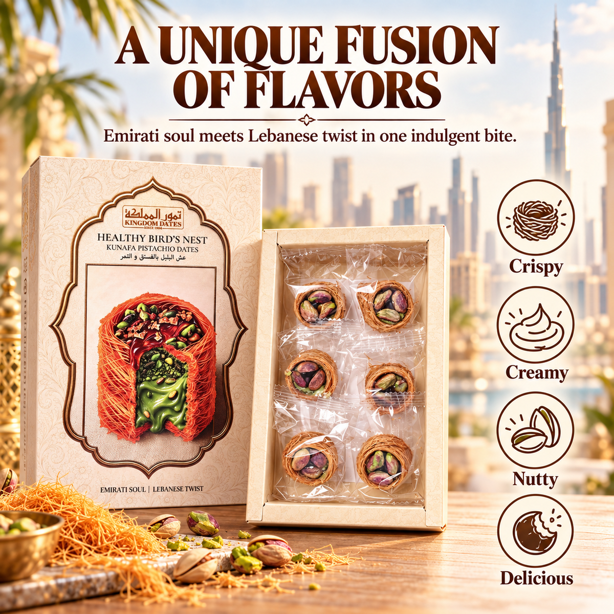 Kingdom Dates Healthy Bird’s Nest Kunafa Pistachio Dates – Emirati Soul, Lebanese Twist
