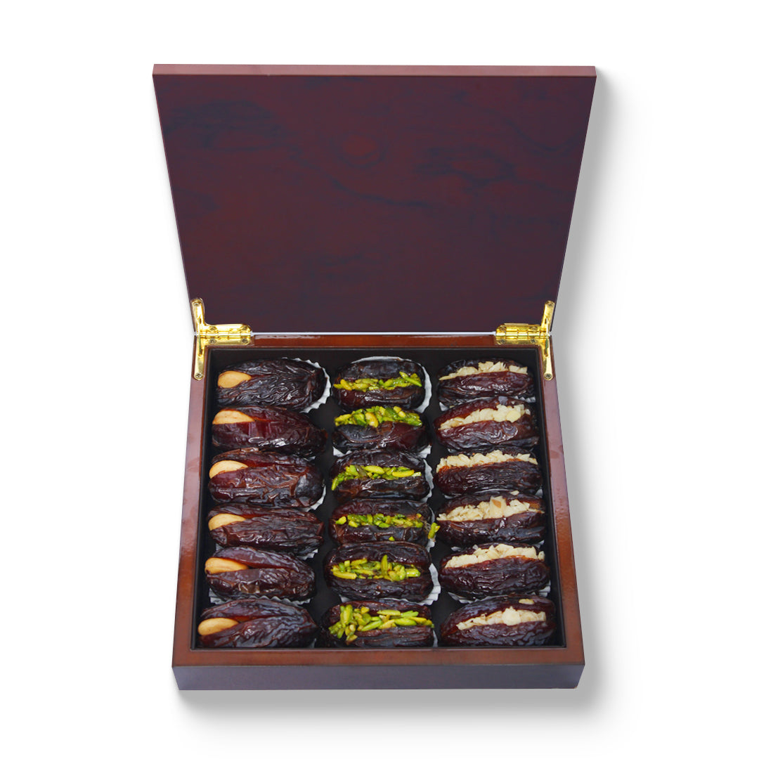 Brown Carbon Fiber Wooden Box Filled with Majdoul with Mixed Nuts Dates 350 gm