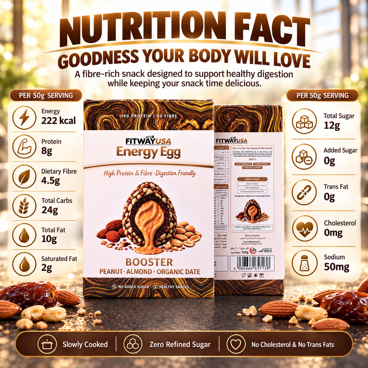 FitWay USA Energy Egg Booster – Peanut, Almond & Organic Date | High Protein & Fibre | 100g