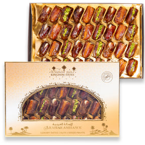 Beige box of luxury stuffed dates with nuts and dried fruits from Kingdom Dates UAE, 500g Arabian gift box.