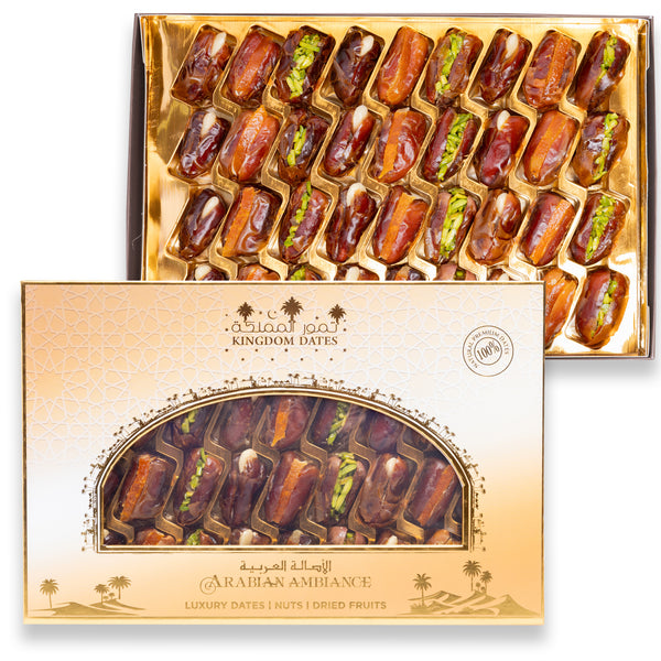 Beige box of luxury stuffed dates with nuts and dried fruits from Kingdom Dates UAE, 500g Arabian gift box.