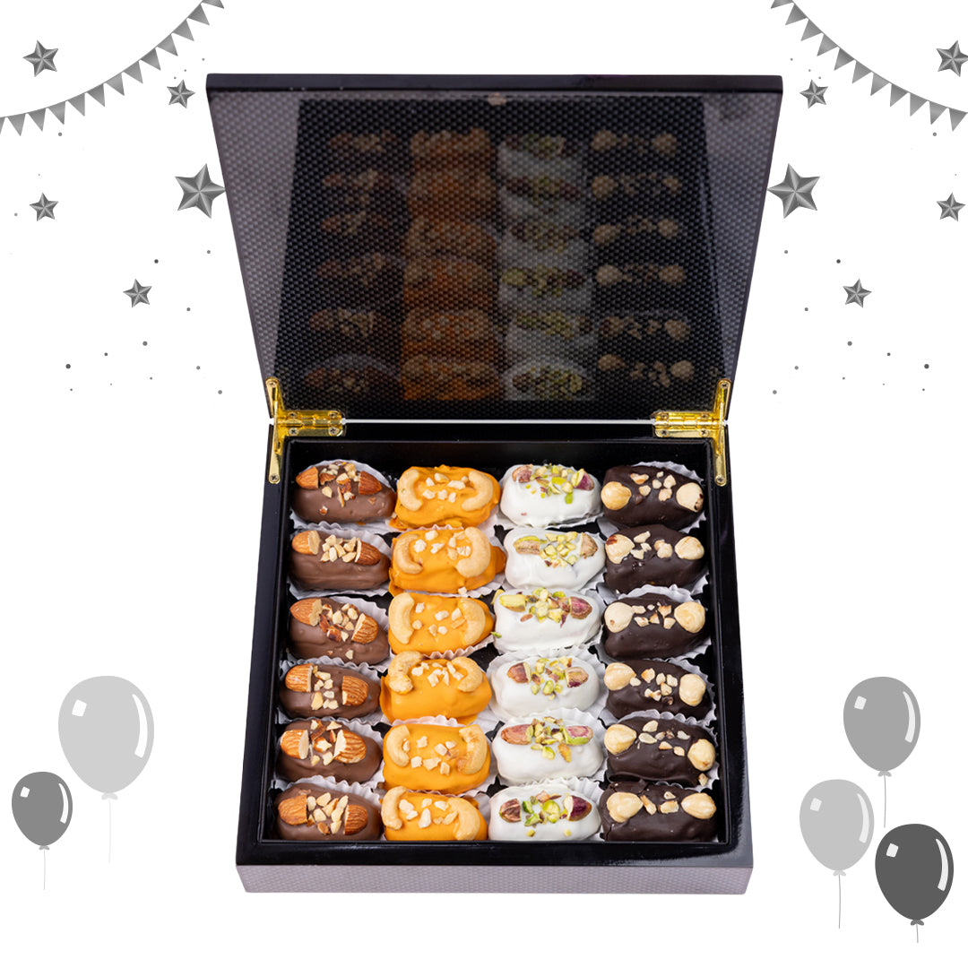 Dates with Nuts & Signature Chocolate Touch – Piano-Finish Carbon Wooden Gift Box