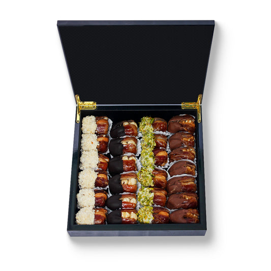 Black Carbon Fiber Wooden Box Filled with Half Coated Chocolate Majdoul Dates Stuffed With Nuts 350 GM