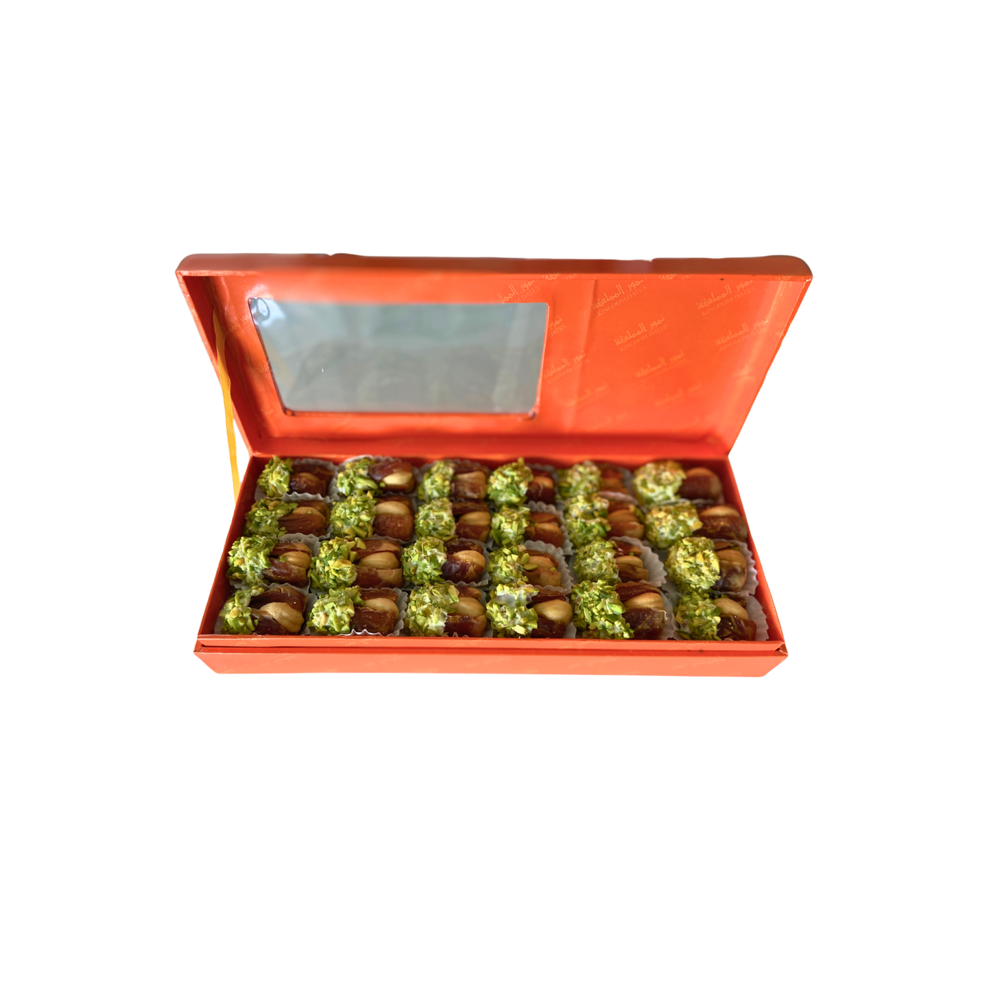 Box Filled With Pistachio Half Coated Chocolate Dates 400g