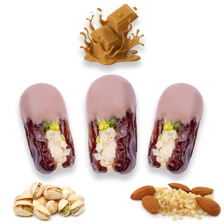 Luxury Khedri Dates Stuffed with Nuts & Half-Dipped in Caramel Chocolate