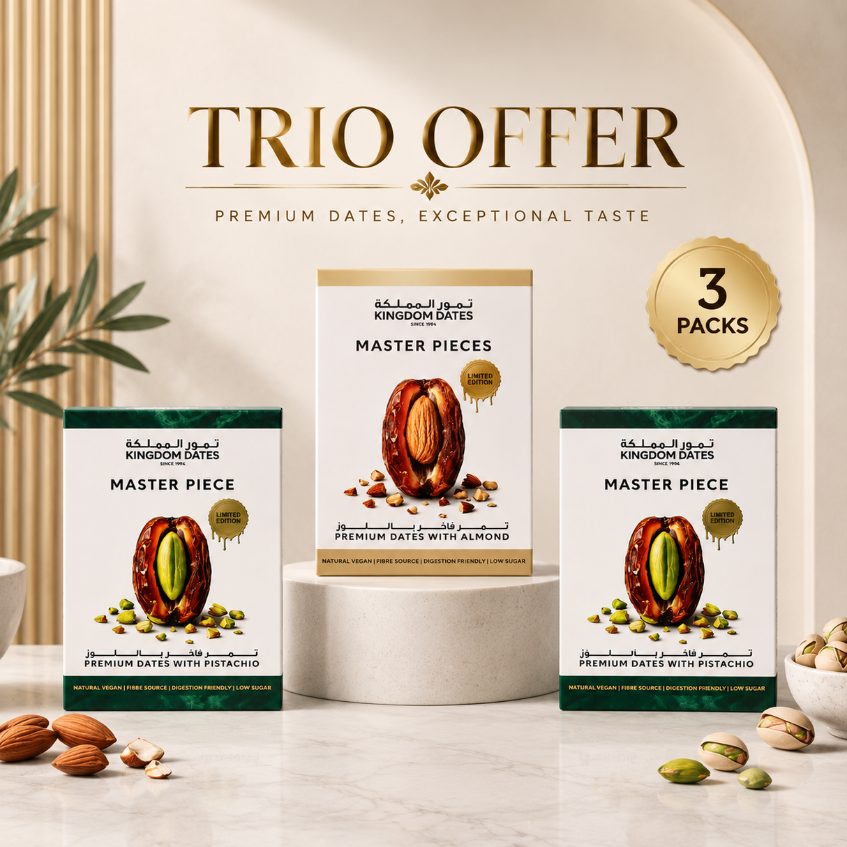 Master Pieces Trio Offer – 2 Pistachio & 1 Almond Premium Dates | 3 × 220g