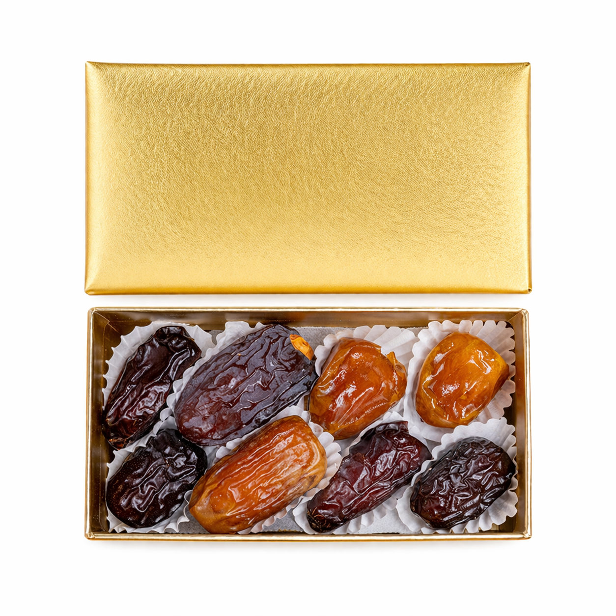 Golden mixed plain dates from Kingdom Dates UAE, 16 premium pieces in a gift box, showcasing shiny, plump dates ready to enjoy.