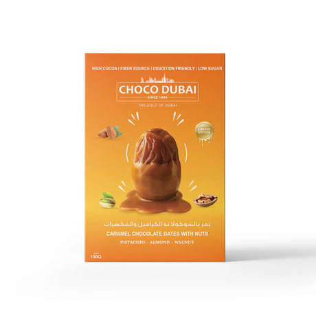 Choco Dubai Caramel Chocolate Dates with Nuts – Viral Dubai Edition (100g)