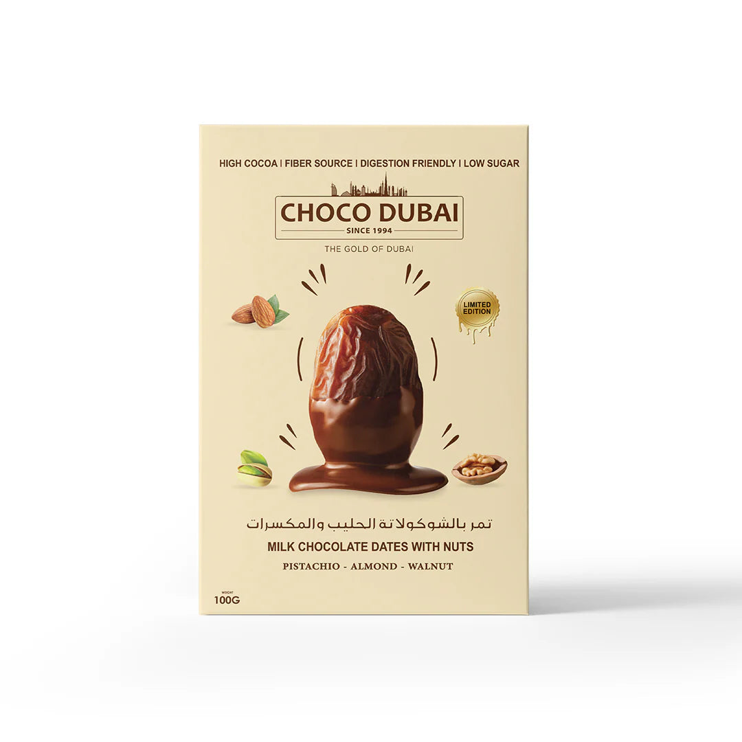 Choco Dubai Milk Chocolate Dates with Nuts – Viral Dubai Edition (100g)