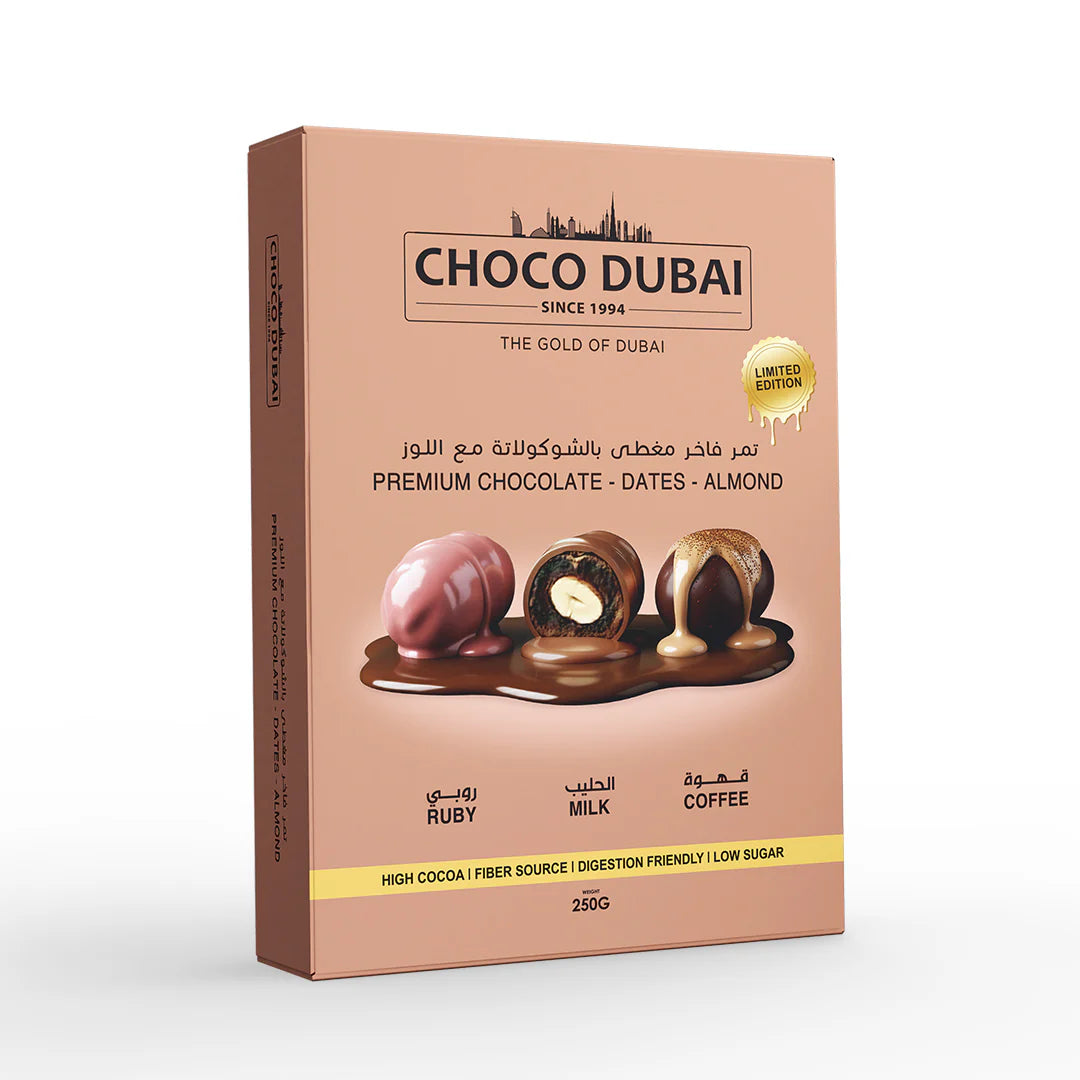 Choco Dubai chocolate packaging with images of chocolate balls 