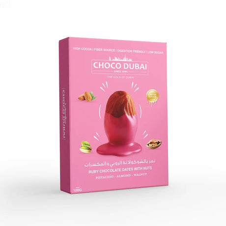 Pink packaging of Choco Dubai ruby chocolate dates with nuts 