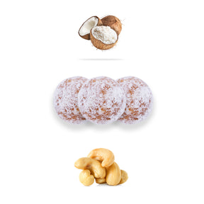 Coconut Dates Protein Ball from Kingdom Dates UAE with cashews, showcasing a close-up of the coconut-coated snack.