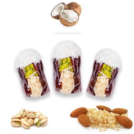 Luxury Khedri Dates Stuffed with Nuts & Half-Dipped in Coconut Chocolate