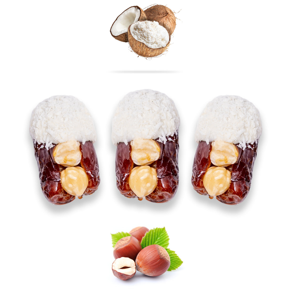 Luxury Khedri Dates Stuffed with Nuts & Half-Dipped in Coconut Chocolate