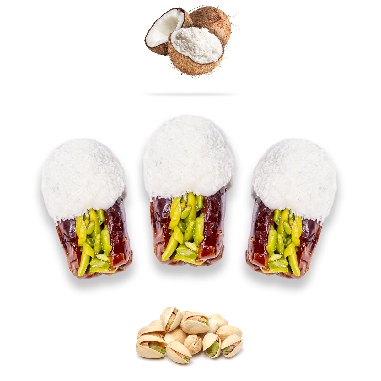 Luxury Khedri Dates Stuffed with Nuts & Half-Dipped in Coconut Chocolate