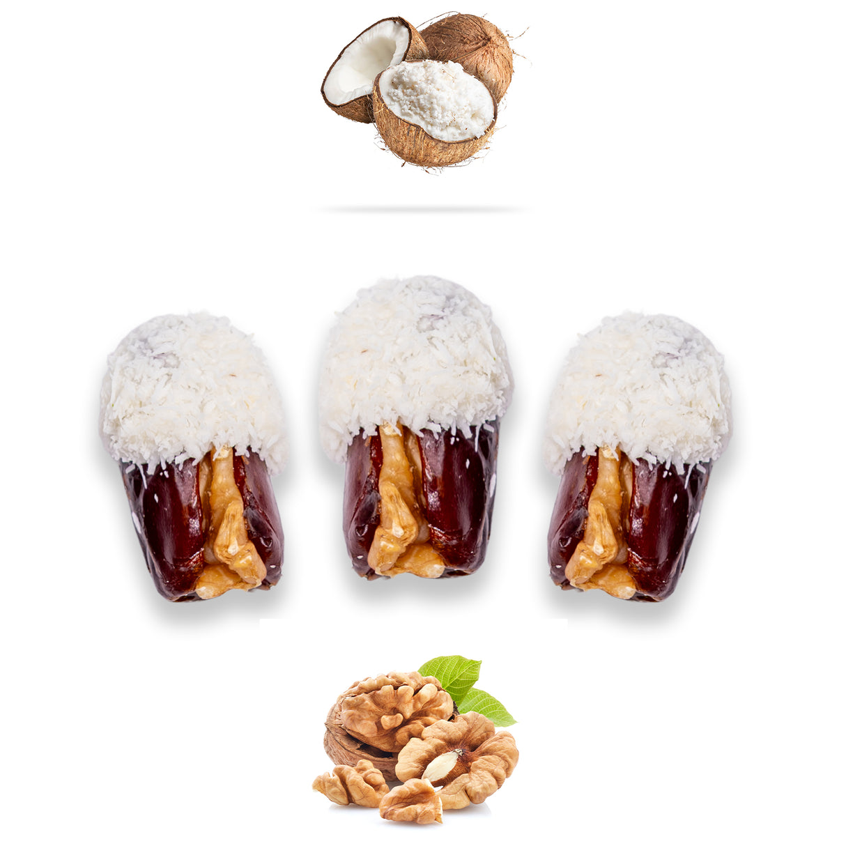 Luxury Khedri Dates Stuffed with Nuts & Half-Dipped in Coconut Chocolate